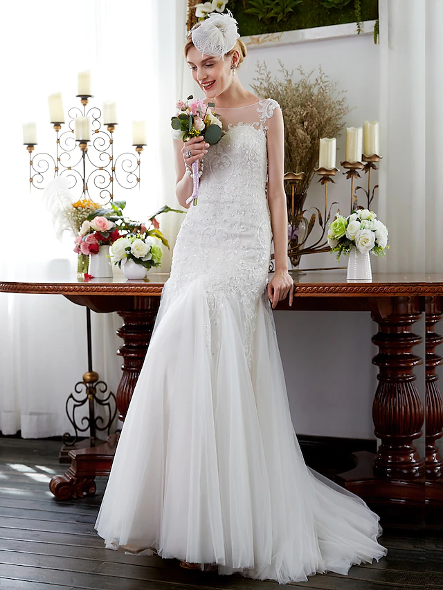 Luolandi Wedding Dresses Illusion Neck Court Train Tulle Sleeveless Sparkle & Shine with Beading