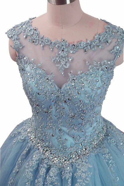 Luolandi Charming Blue Tulle Long Ball Gown Sweet 16 Dress with Lace Formal Gown Prom Dress