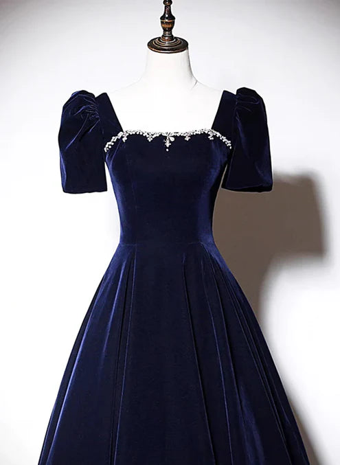 Luolandi Navy Blue A-line Velvet Long Evening Dress Short Sleeves Beaded Prom Dress Formal Dress