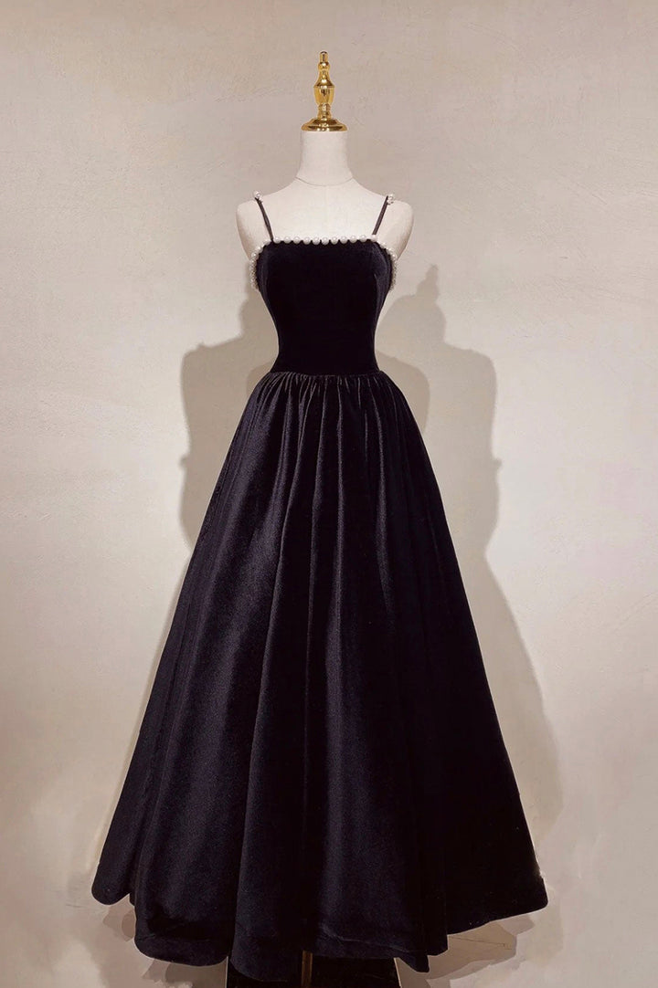 Luolandi Black Velvet Pearls Long Prom Dresses A-Line Evening Party Dresses