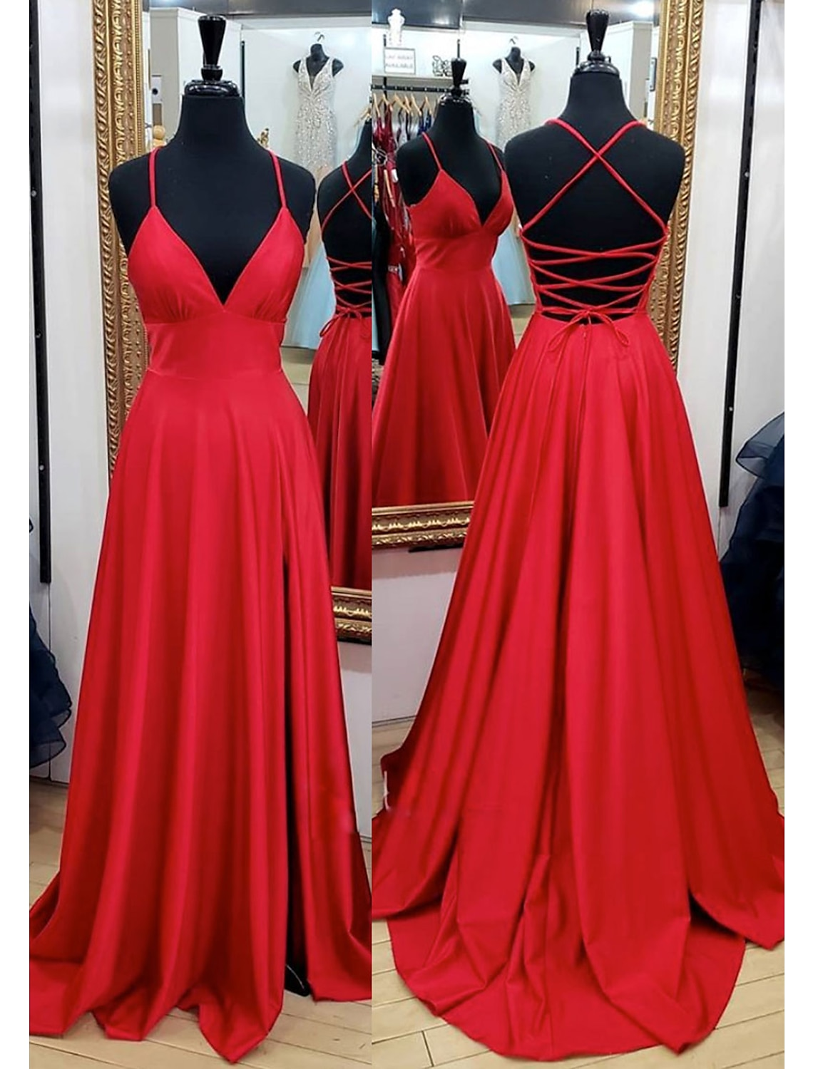 Luolandi A-Line Prom Dresses Empire Dress Formal Court Train Sleeveless V Neck Charmeuse Backless with Pleats