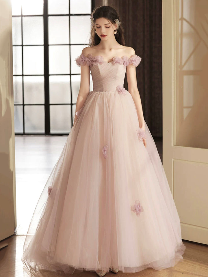 Luolandi Tulle Long Prom Dress with Flowers A-Line Off the Shoulder Evening Party Dress