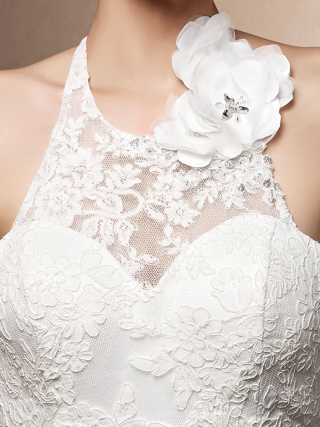 Luolandi Wedding Dresses Halter Neck Lace Regular Straps Open Back with Beading Flower