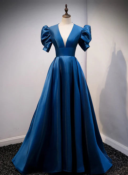 Luolandi Blue Satin Long Prom Dress with Short Sleeves Evening Formal Dress Elegant Evening Dress