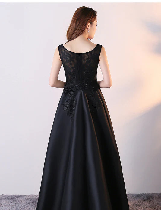 Luolandi Black Satin with Lace High Low Prom Dress Fashionable Homecoming Dress Elegant Evening Dress
