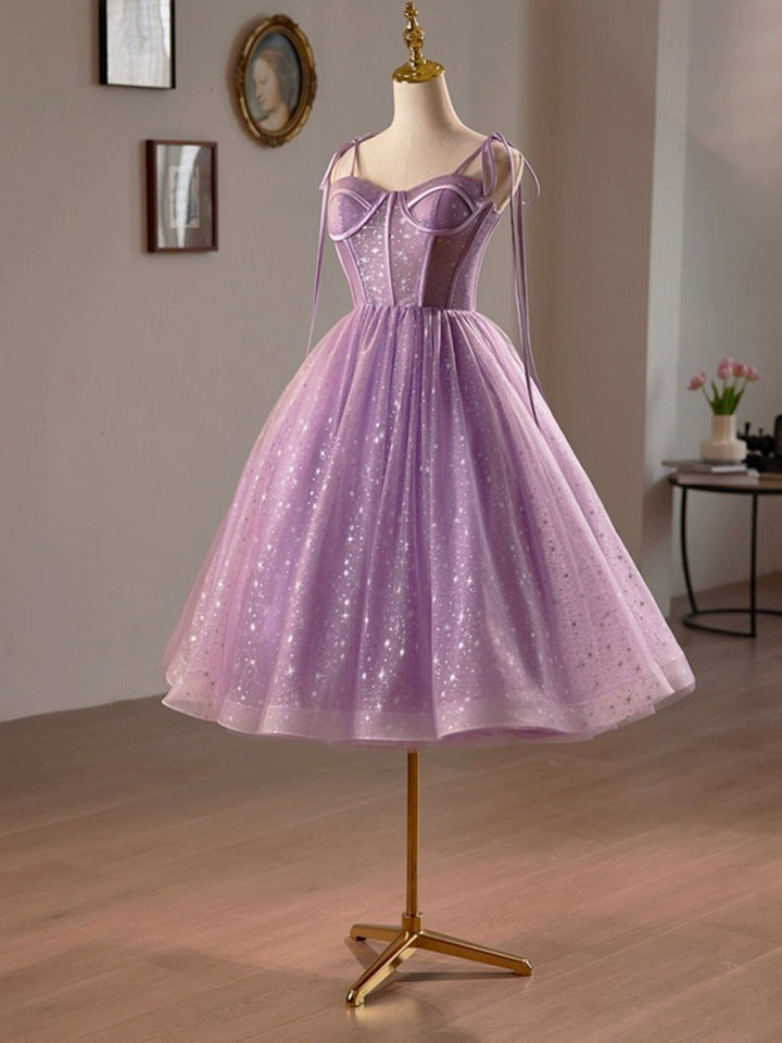 Luolandi Purple Tulle Party Dress A-Line Homecoming Dress Lovely Spaghetti Strap Evening Prom Dress