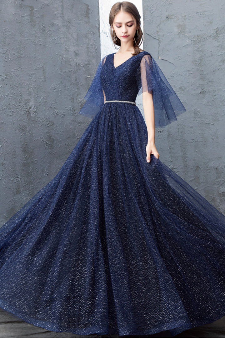 Luolandi Blue V-Neck Tulle Long Prom Dresses A-Line Evening Dresses Sparkly