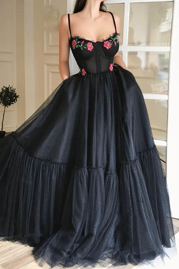Luolandi Black Tulle Long A-Line Prom Dress Black Spaghetti Strap Long Evening Dress With Flowers