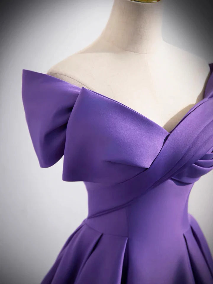 Luolandi Purple Satin Long A-Line Prom Dress Lovely Off Shoulder Formal Evening Dress V-neck