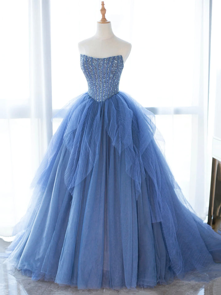 Luolandi Blue Strapless Tulle Sequins Long Prom Dress Beautiful A-Line Formal Party Dress Off Shoulder