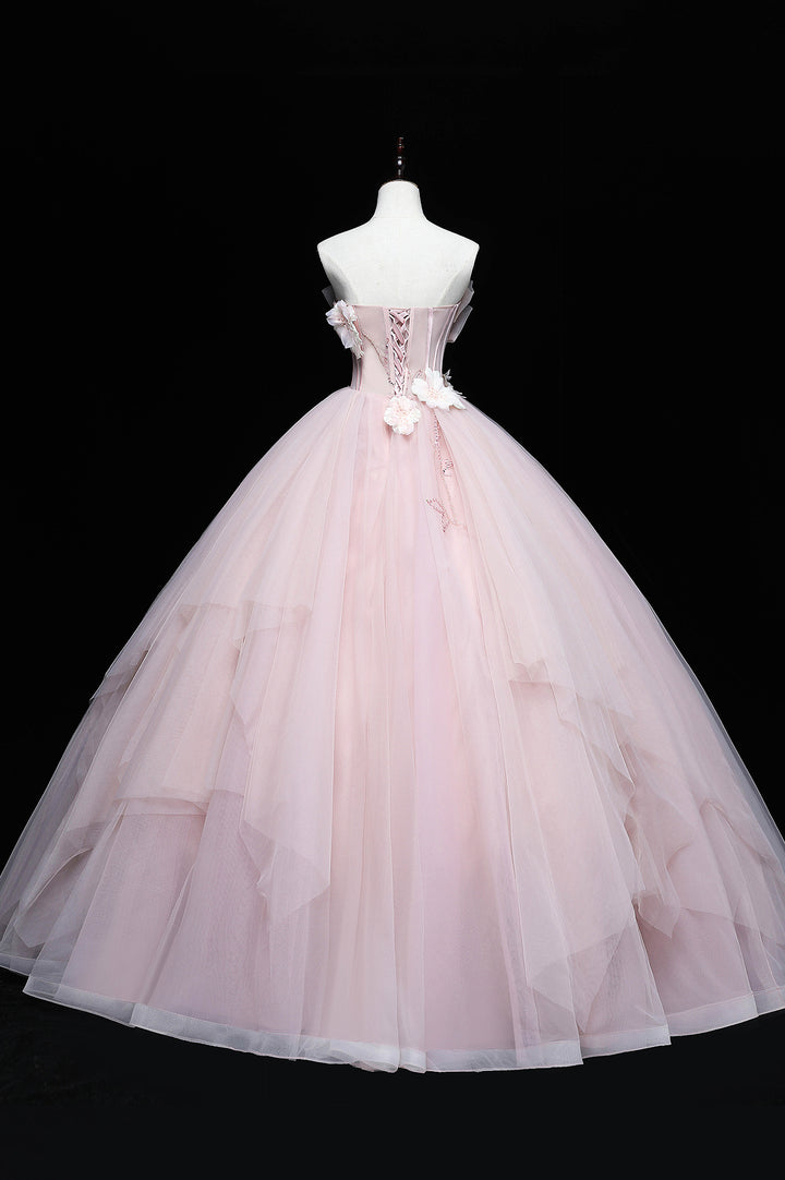 Luolandi Lovely Pink Tull Applique Ball Gown Formal Dress Pink Sweet 16 Dress With Flowers
