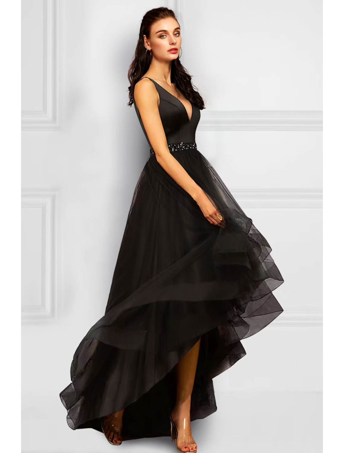 Luolandi A-Line Cocktail Dresses Elegant Dress Party Wear Asymmetrical Sleeveless V Neck Organza with Rhinestone
