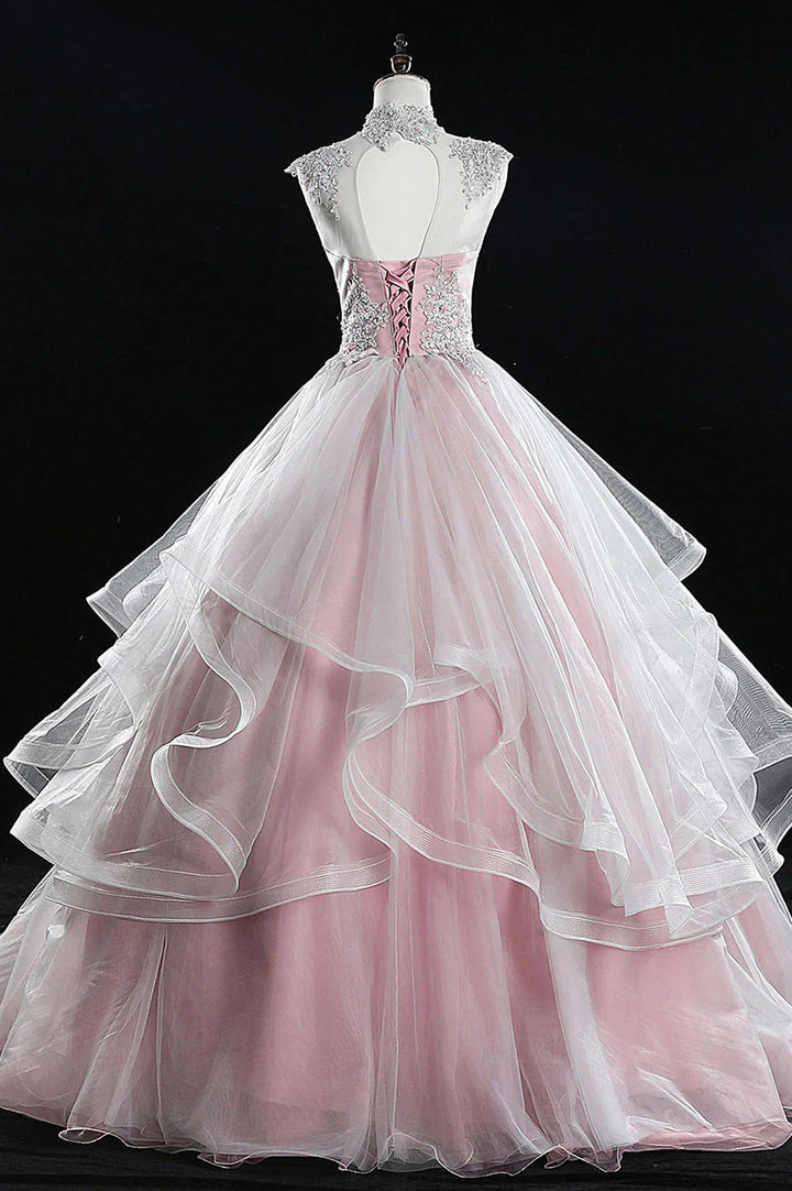 Luolandi Pink Tulle Lace Sweet 16 Dresses Long Quinceanera Dresses Prom Dress