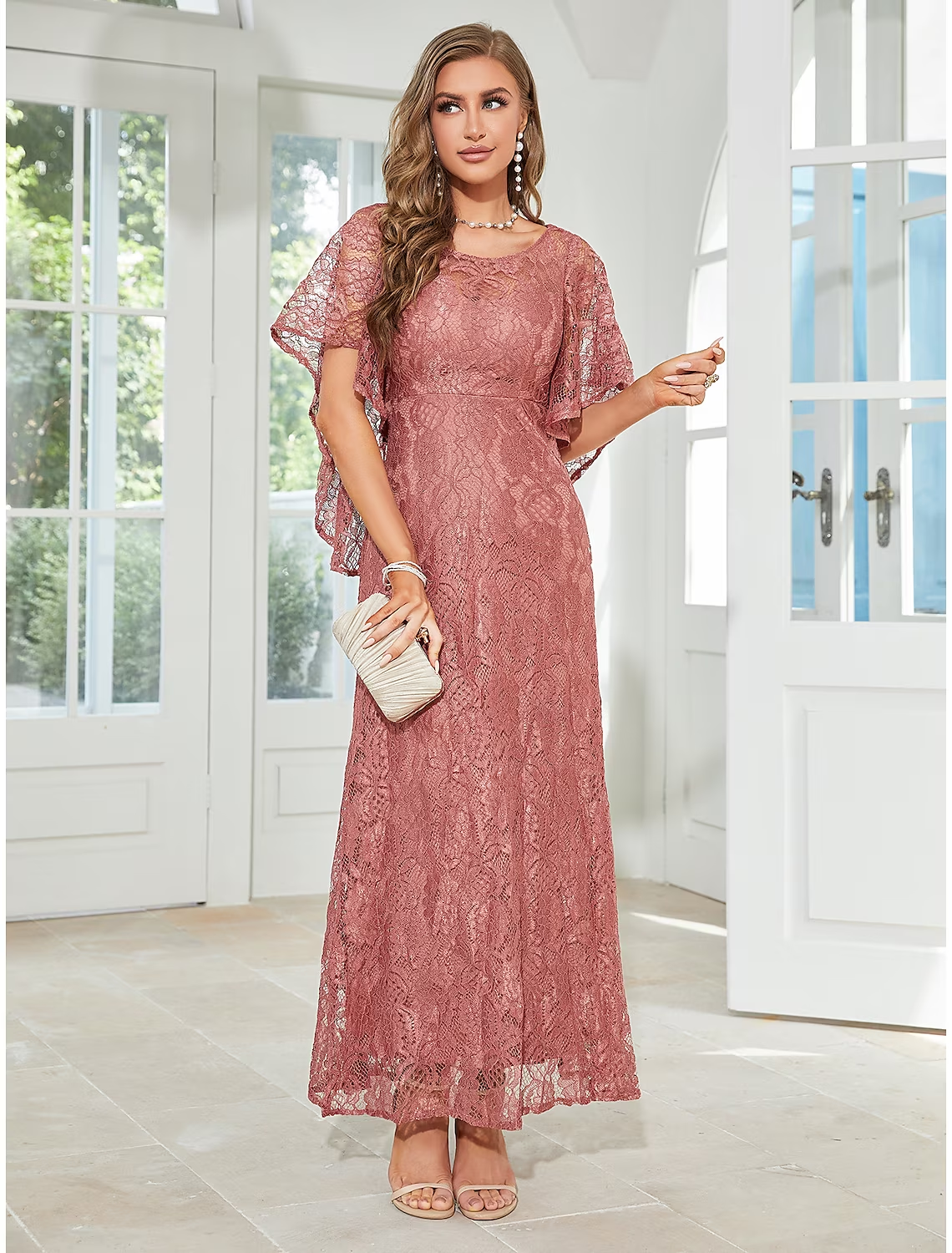 Luolandi A-Line Wedding Guest Dresses Elegant Dress Party Wear Ankle Length Half Sleeve Jewel Neck Lace with Ruffles