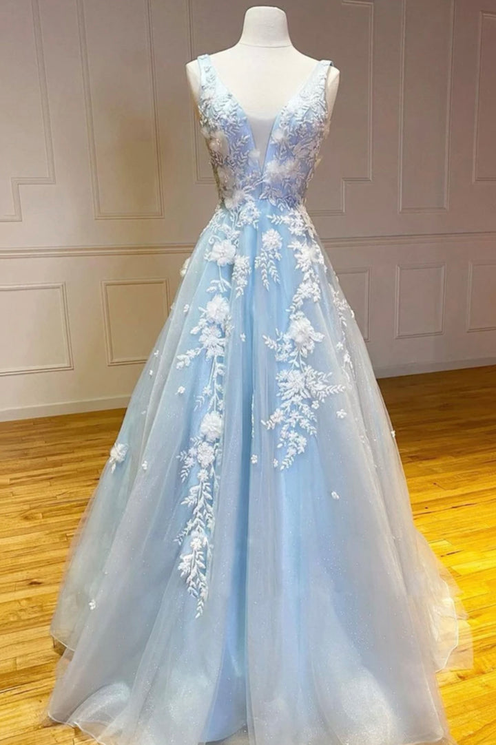 Luolandi Blue V-Neck Tulle Long Prom Dresses A-Line Blue Evening Dresses with Applique Beautiful