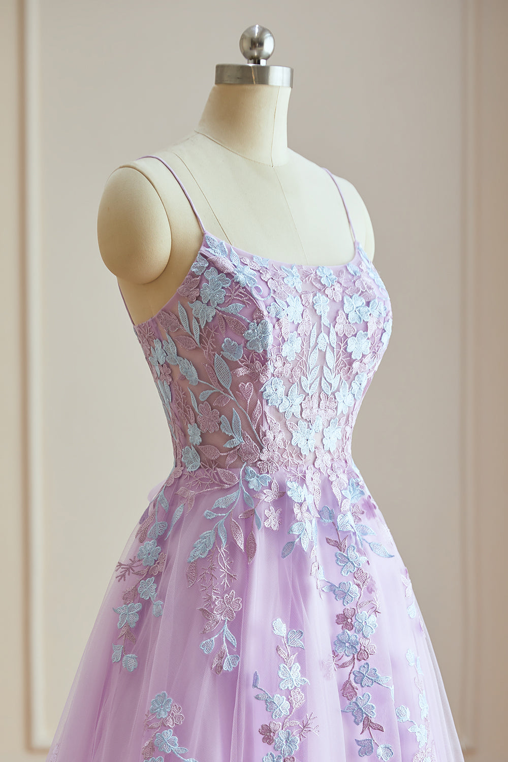 Luolandi Simple A Line Spaghetti Straps Tulle Long Prom Dresses With Applique Beautiful