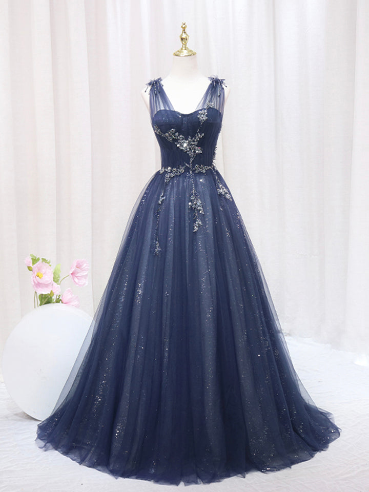 Luolandi Blue Tulle Beaded Long Prom Dress Evening Party Dress Sparkly