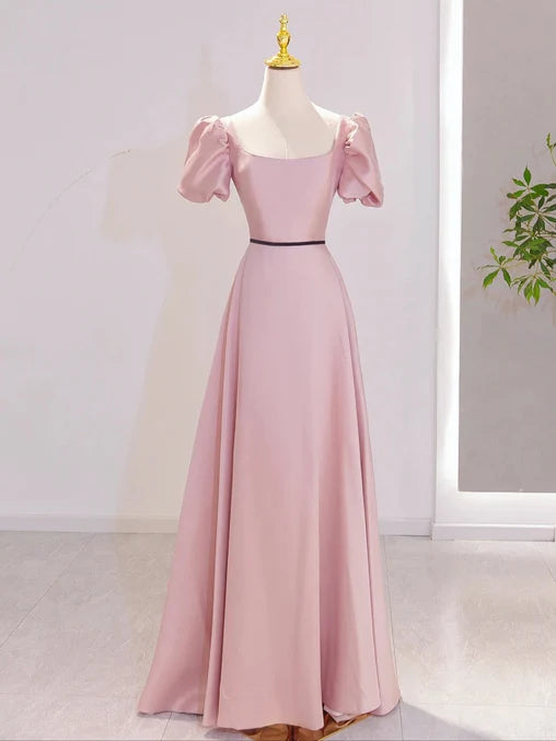 Luolandi Pink A-line Short Sleeves Floor Length Party Dress Satin Prom Dress Formal Dress december wedding guest dress