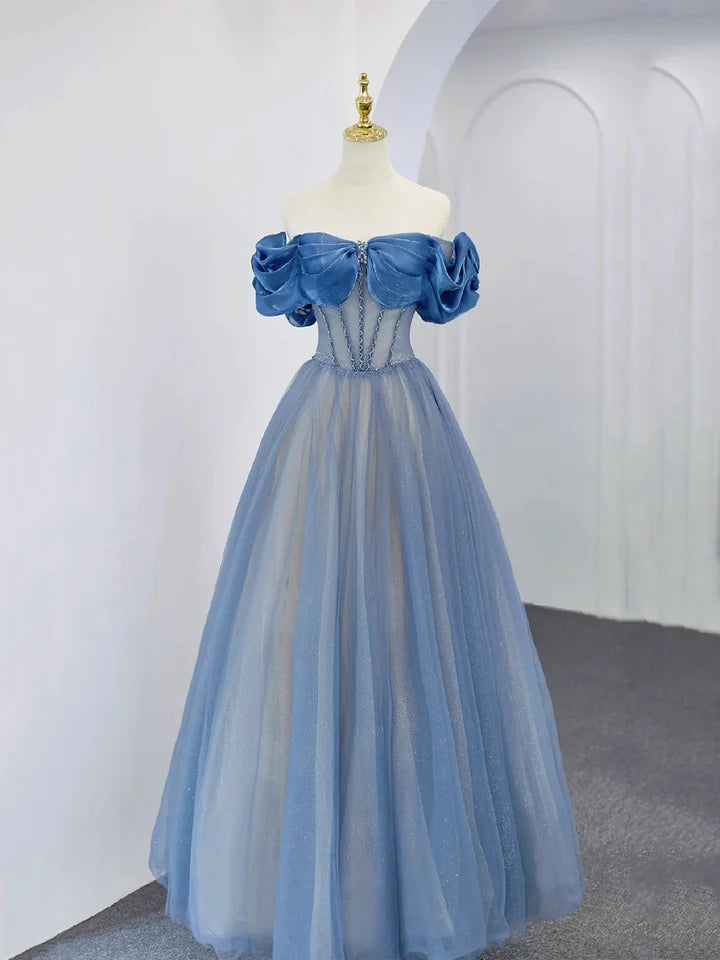 Luolandi Blue Tulle Beaded Long Prom Dress Off the Shoulder Evening Party Dress Beautiful