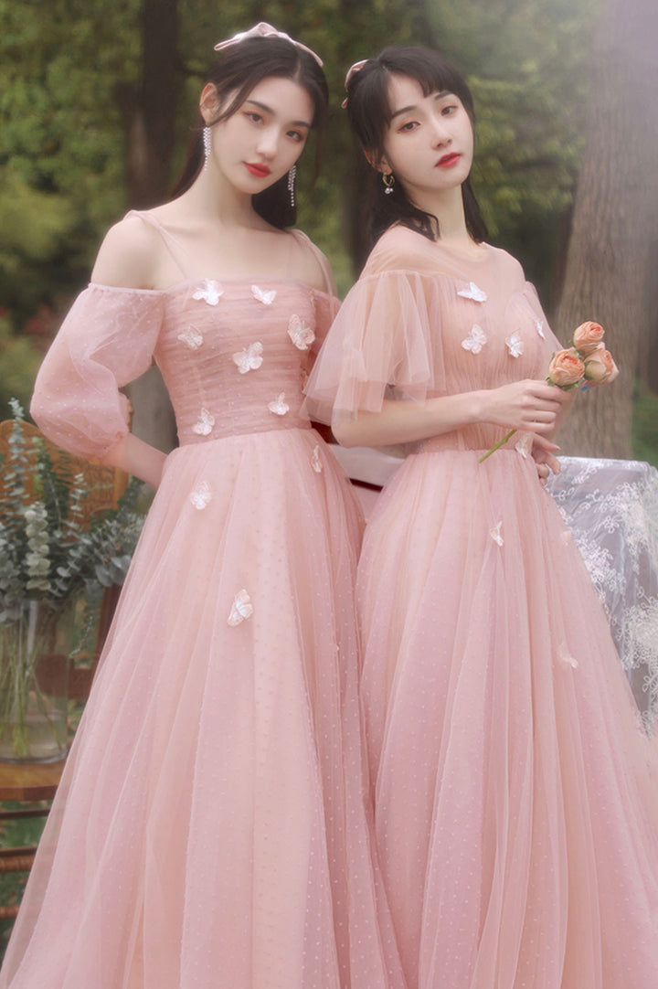 Luolandi Pink Tulle Long Prom Dresses A-Line Tulle Party Dresses With Butterfly Bridesmaid Dresses