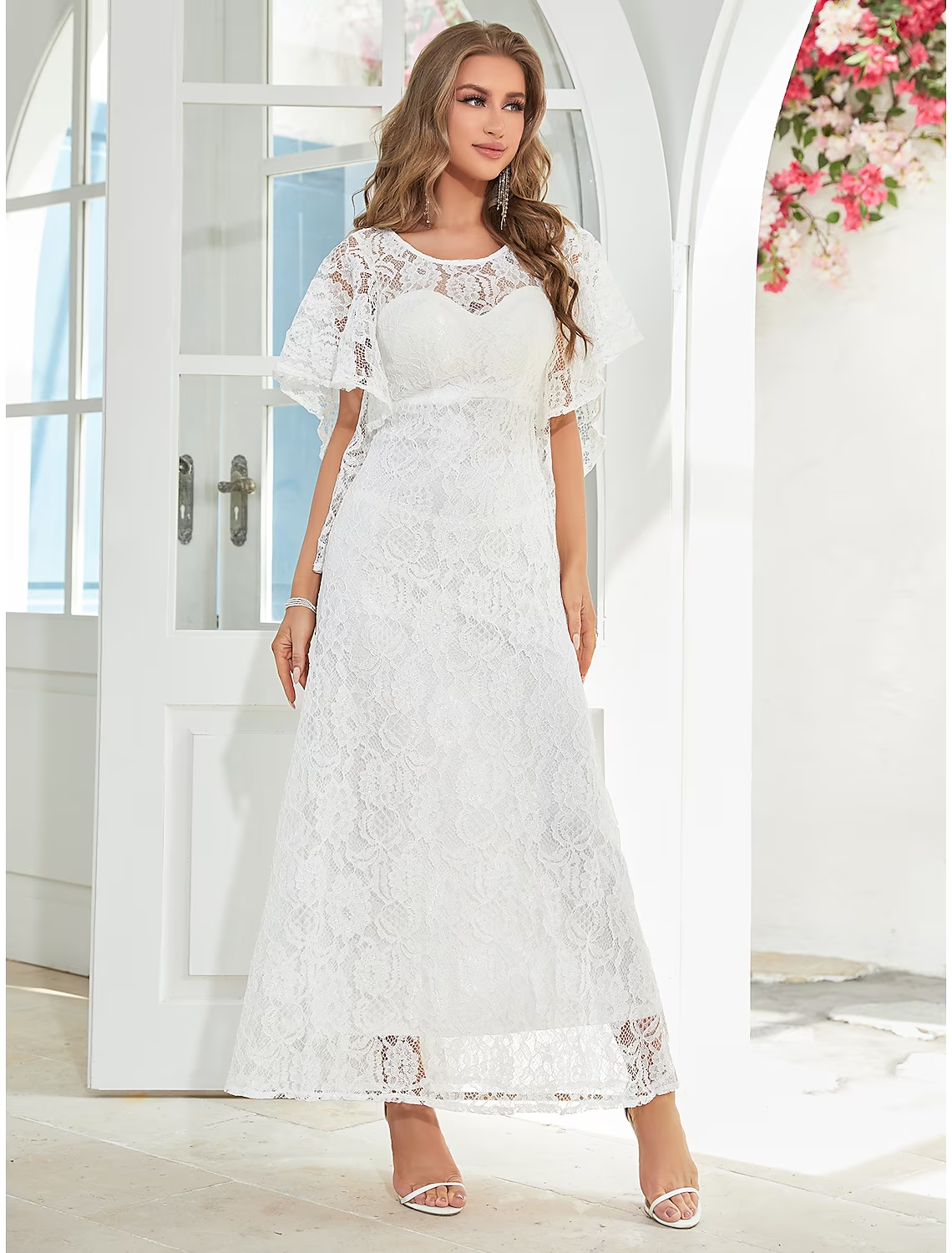 Luolandi A-Line Wedding Guest Dresses Elegant Dress Party Wear Ankle Length Half Sleeve Jewel Neck Lace with Ruffles