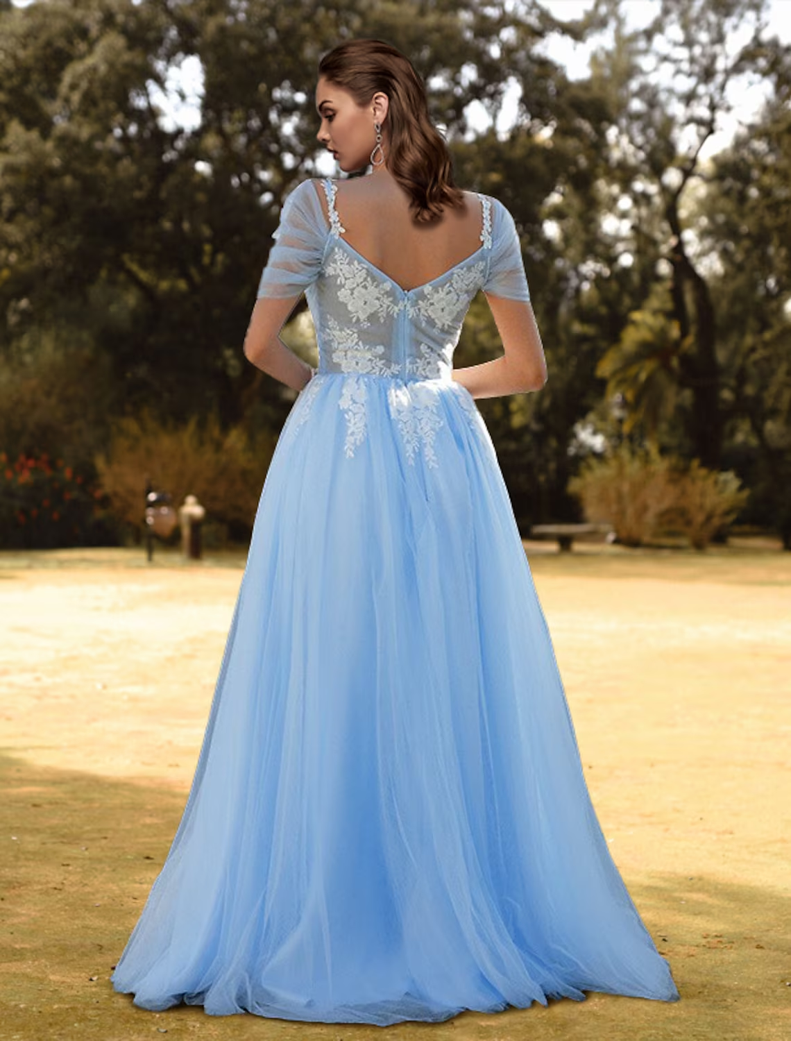 Luolandi A-Line Prom Dresses Floral Dress Wedding Guest Sweep / Brush Train Short Sleeve V Neck Tulle with Slit