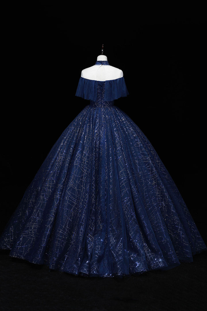 Luolandi Blue Tulle Sequins Long Ball Gown Elegant A-Line Formal Gown Off Shoulder