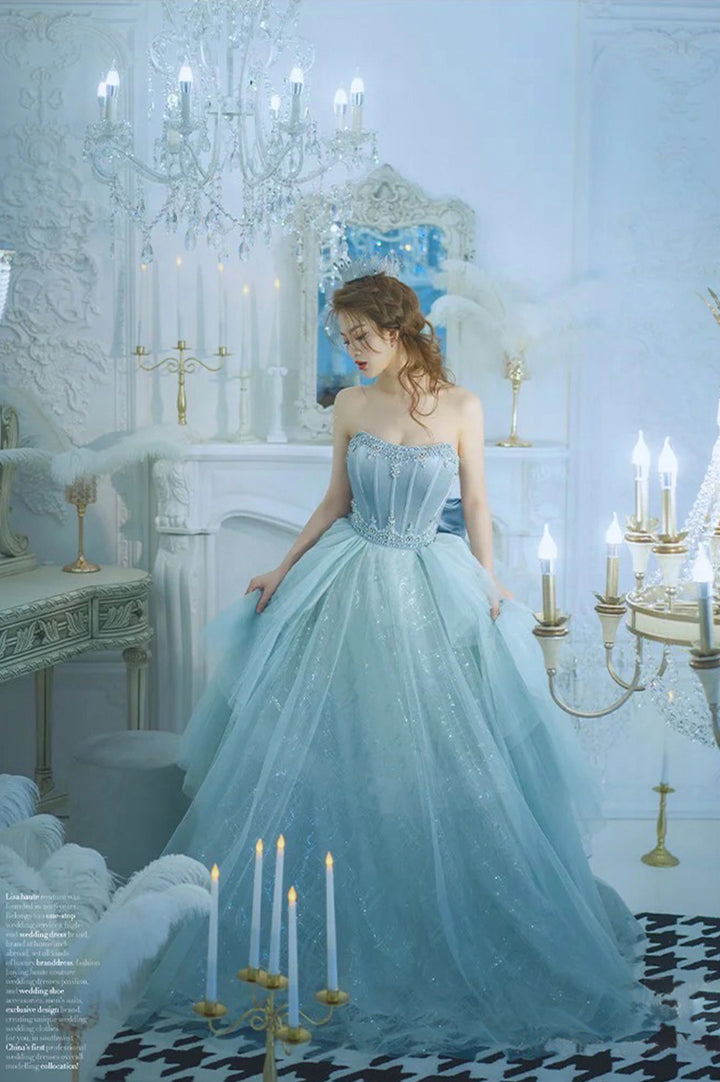 Luolandi Blue Strapless Tulle Sequins Long Prom Dresses Princess Evening Dresses Off Shoulder