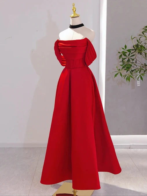 Luolandi Red Satin A-line Scoop Long Evening Dress Prom Dress Off Shoulder Formal Dress december wedding guest dress