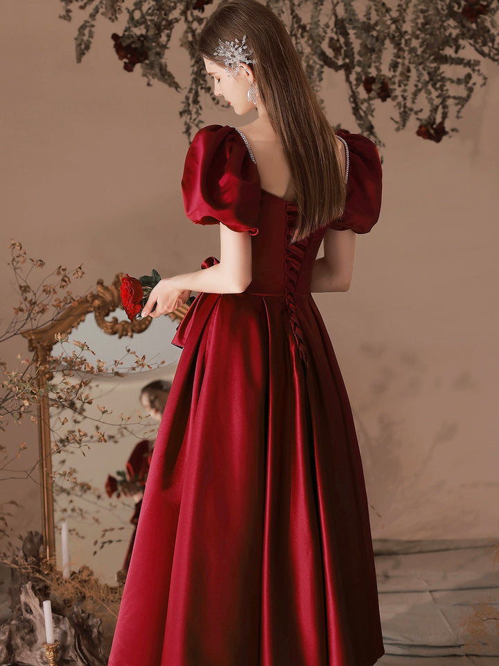 Luolandi Burgundy Satin Beaded Tea Length Prom Dress A-Line Short Sleeve Party Dress With Bow(s)