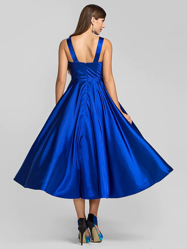 Luolandi A-Line Minimalist Elegant Cocktail Party Wedding Party Dress Square Neck Sleeveless Tea Length Satin with Criss