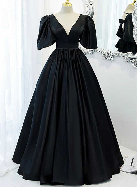 Luolandi Black Satin Deep V-neckline Long Formal Dress Evening Dress Prom Dress With Bow(s)