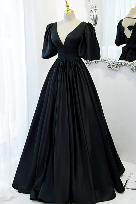 Luolandi Black Satin Deep V-neckline Long Formal Dress Evening Dress Prom Dress With Bow(s)