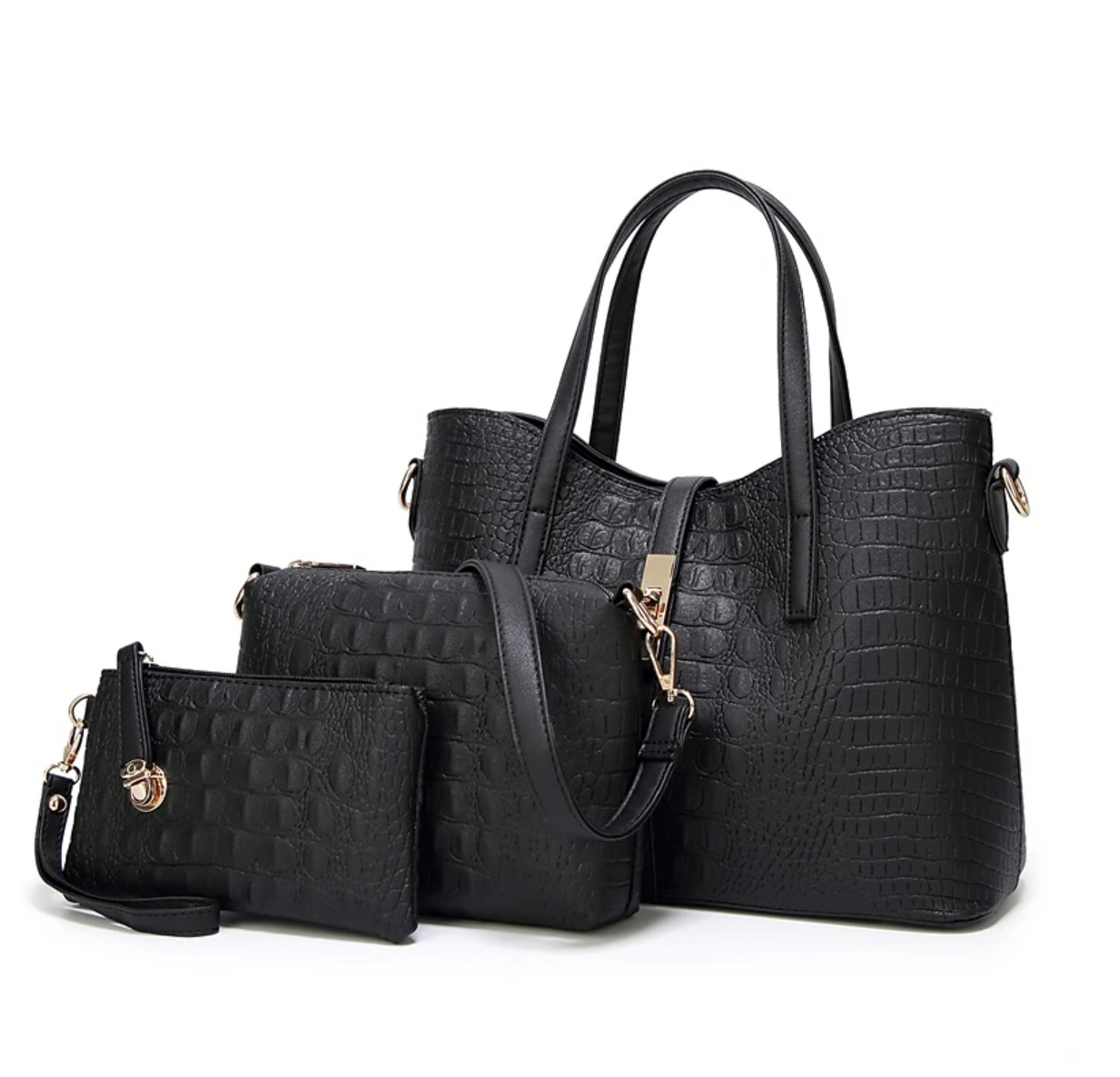 Women's Bag Set PU Leather 3 Pieces Office Daily Adjustable Large Capacity Waterproof Crocodile Black Gold Grey
