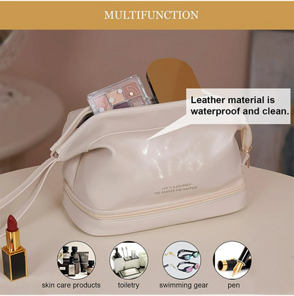 Makeup Bag Double Layer Cosmetic Bag Travel Makeup Bag Leather Makeup Bag Cosmetic Travel Bags Portable Leather Toiletry Bag Cosmetic Bag for Women and Girls