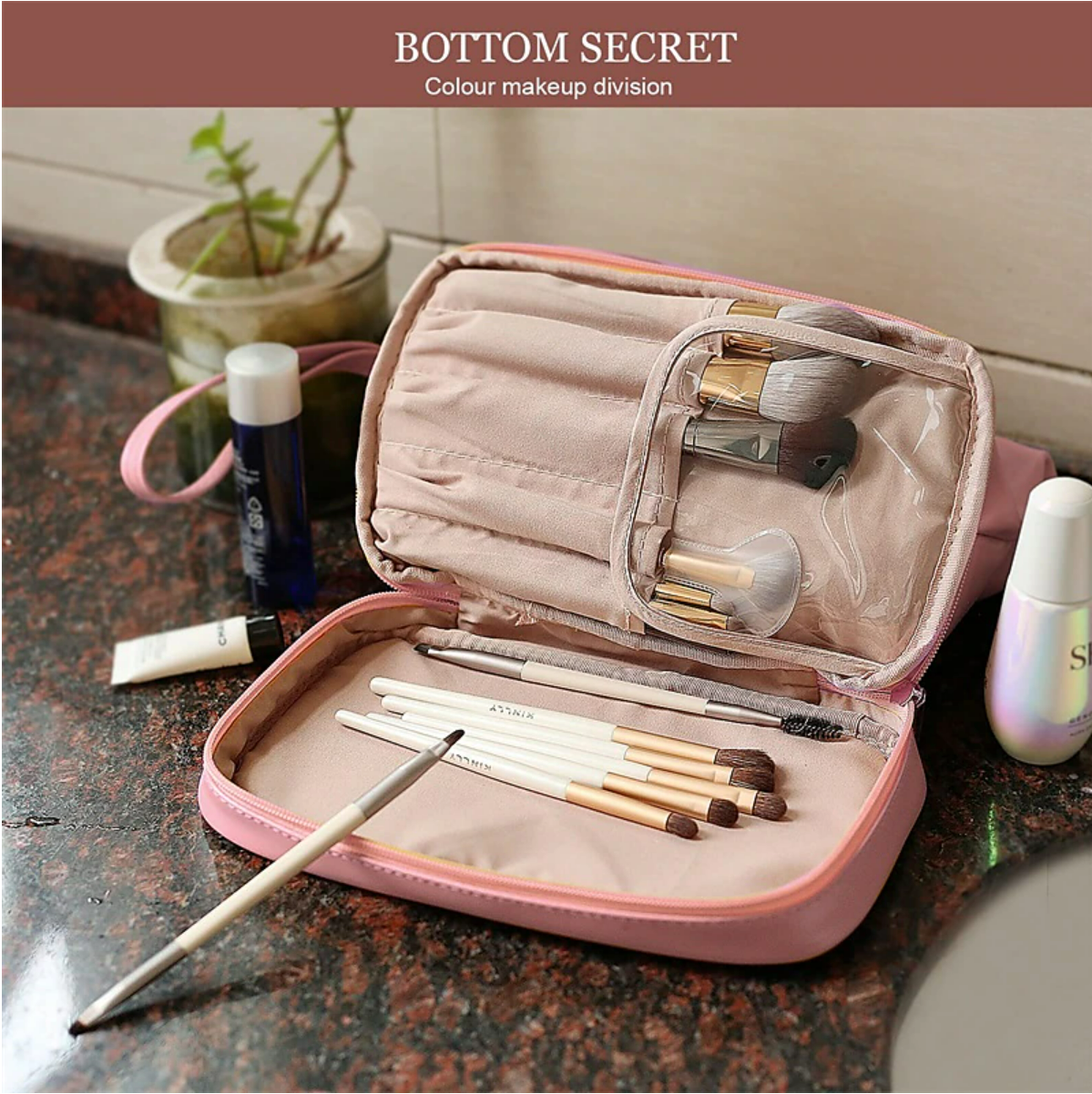 Makeup Bag Double Layer Cosmetic Bag Travel Makeup Bag Leather Makeup Bag Cosmetic Travel Bags Portable Leather Toiletry Bag Cosmetic Bag for Women and Girls