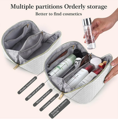 Large Capacity Travel Cosmetic Bag - Makeup Bag, Portable Leather Waterproof Women Organizer, with Handle and Divider Flat Lay Bags