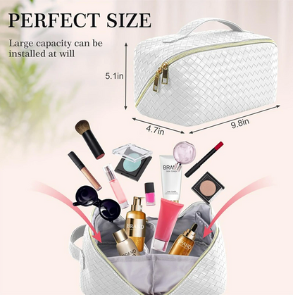 Large Capacity Travel Cosmetic Bag - Makeup Bag, Portable Leather Waterproof Women Organizer, with Handle and Divider Flat Lay Bags