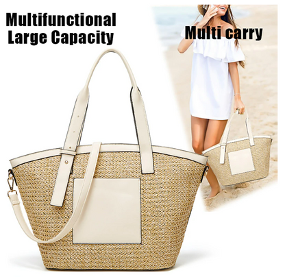 Women's Tote Shoulder Bag Straw Bag Diaper Bag Tote Rattan Straw Holiday Beach Zipper Large Capacity Breathable Durable Solid Color Color Block Black White Red