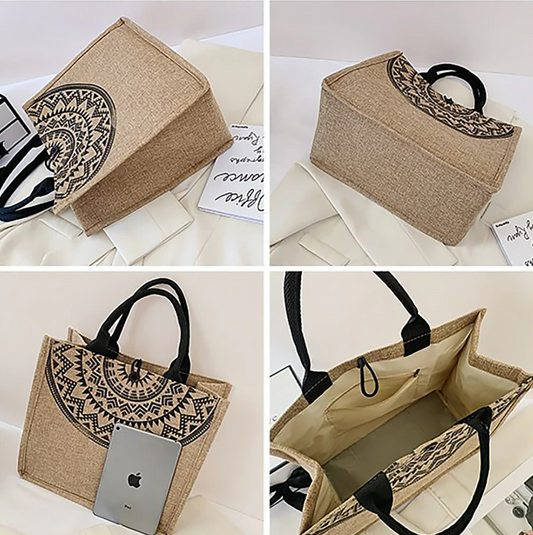 Women's Handbag Tote Linen Shopping Daily Buckle Large Capacity Foldable Lightweight Solid Color Folk khaki