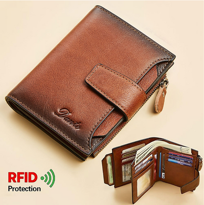 1pc Men's Genuine Leather Wallet Vintage Short Multi Function ID Card Holder RFID Blocking Zipper Coin Pocket Billfold Give Gifts To Men On Valentine's Day