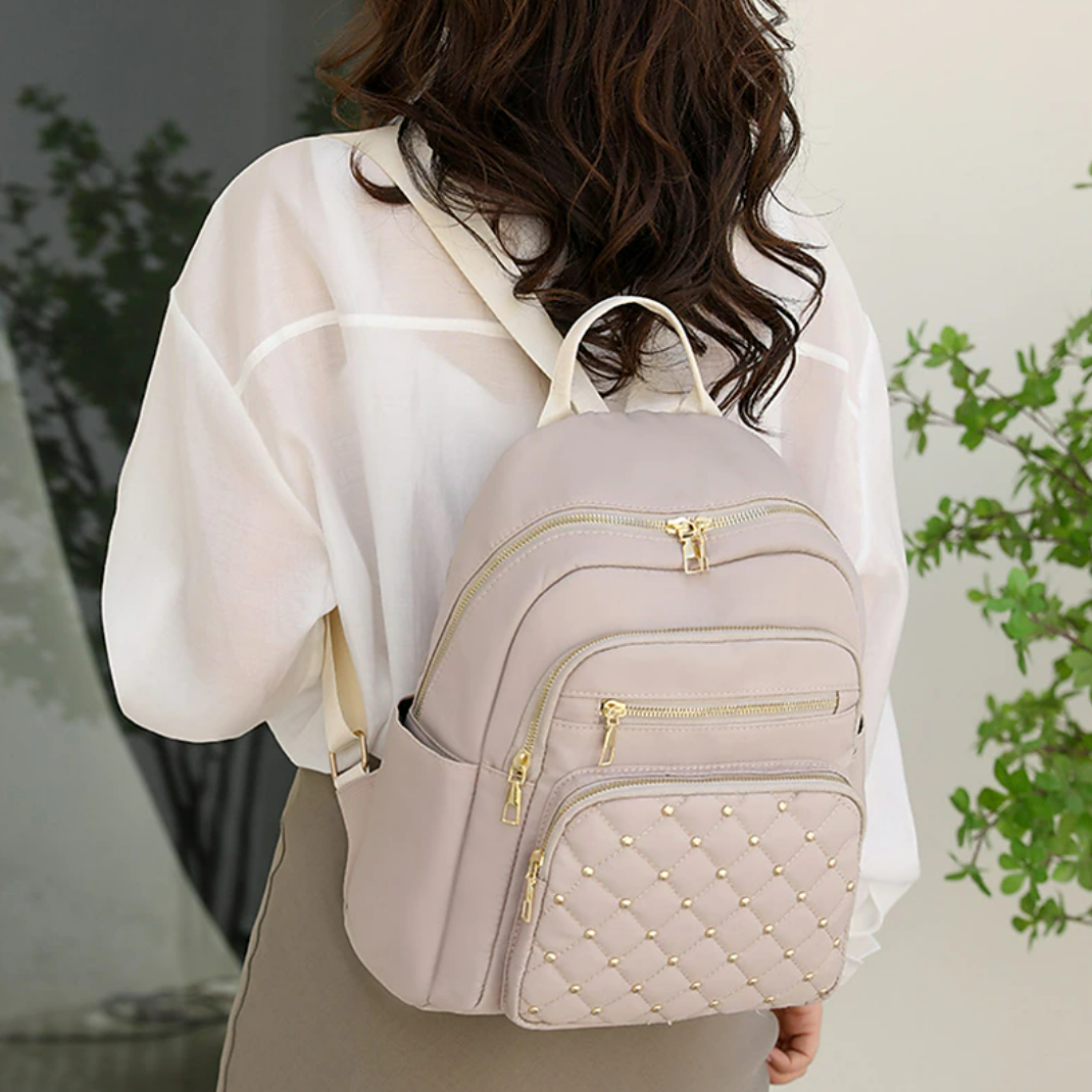 Women's Backpack School Bag Bookbag Commuter Backpack School Daily Nylon Large Capacity Waterproof Lightweight Rivet Zipper off white Black Pink