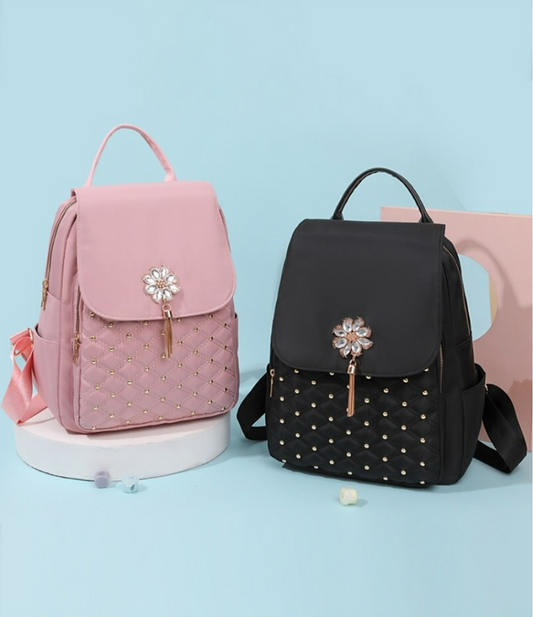 Women's Backpack School Bag Bookbag Outdoor Daily Solid Color Nylon Adjustable Breathable Lightweight Rhinestone Zipper Black Pink Brown