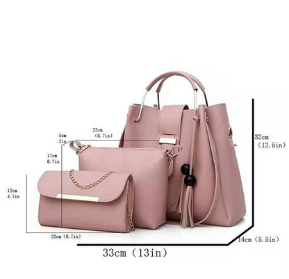 Women's Bag Set PU Leather 3 Pcs Purse Set Shopping Zipper Tassel Black White Pink