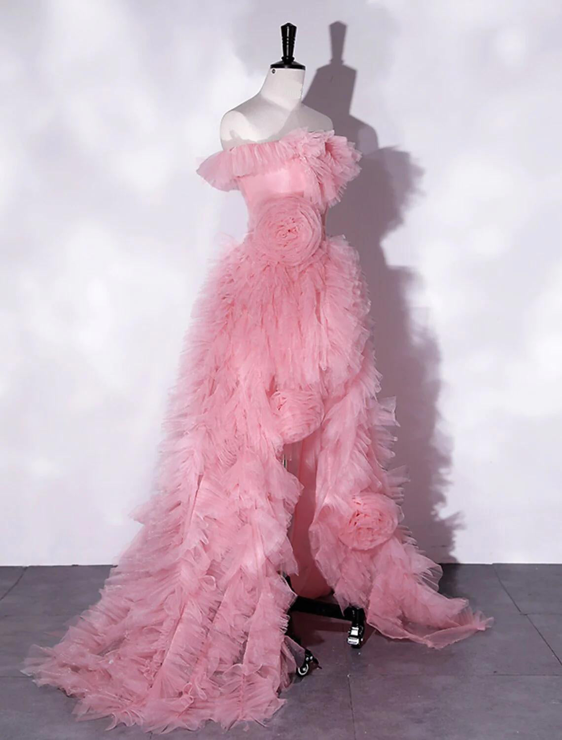 Luolandi A-Line Prom Dresses Floral Dress Party Wear Asymmetrical Sleeveless Off Shoulder Tulle