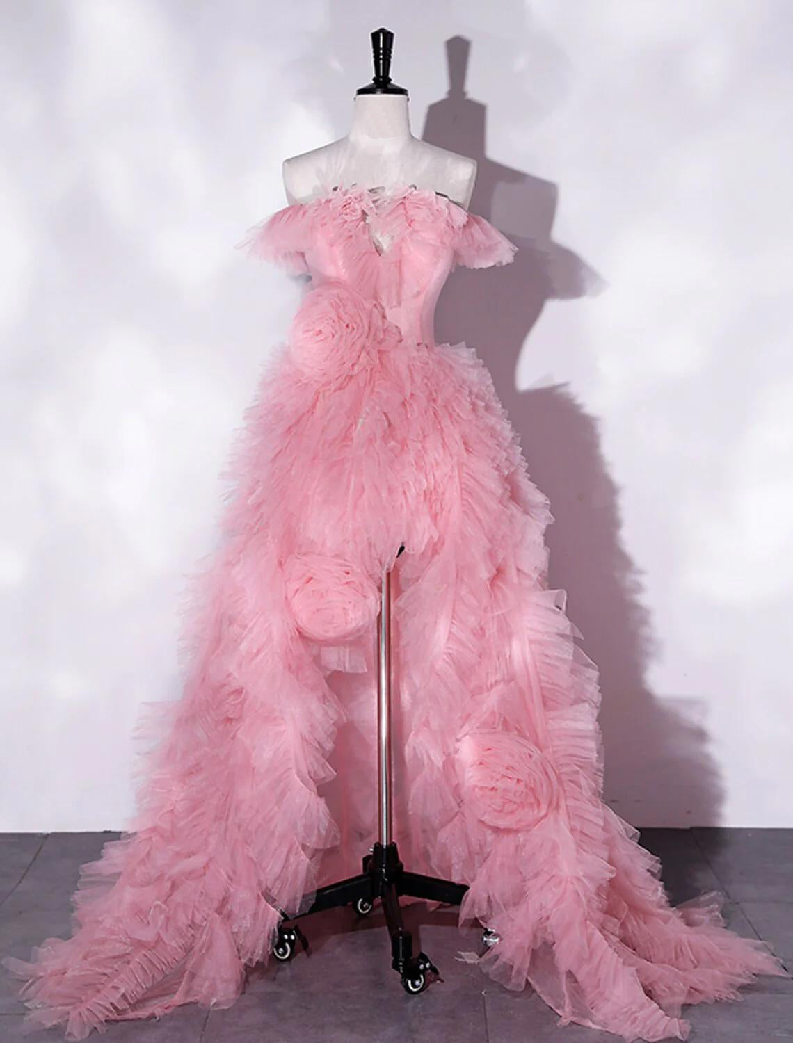 Luolandi A-Line Prom Dresses Floral Dress Party Wear Asymmetrical Sleeveless Off Shoulder Tulle