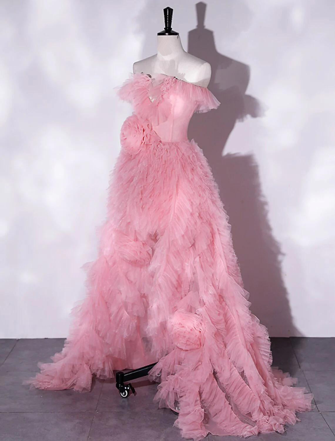 Luolandi A-Line Prom Dresses Floral Dress Party Wear Asymmetrical Sleeveless Off Shoulder Tulle