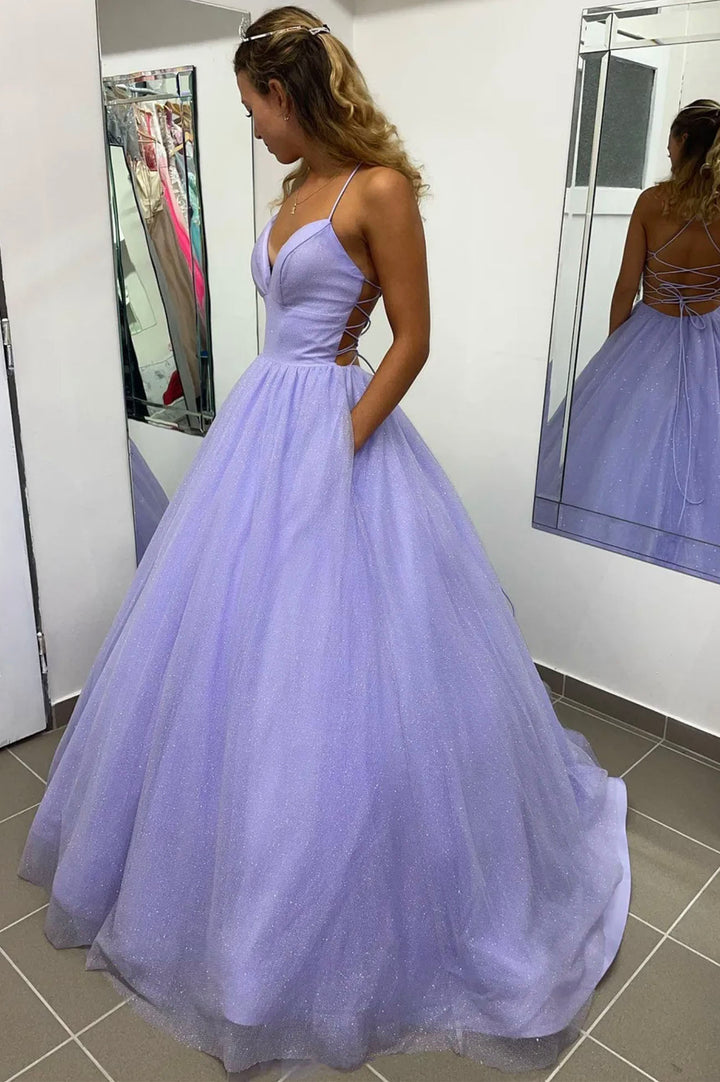 Luolandi Purple Tulle Long A-Line Prom Dress Backless Evening Dress Sexy