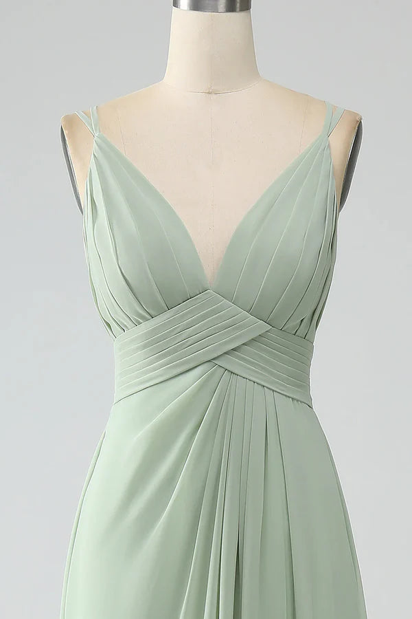 Luolandi Dusty Sage A-line thin shoulder pleated chiffon long bridesmaid dress With Slit