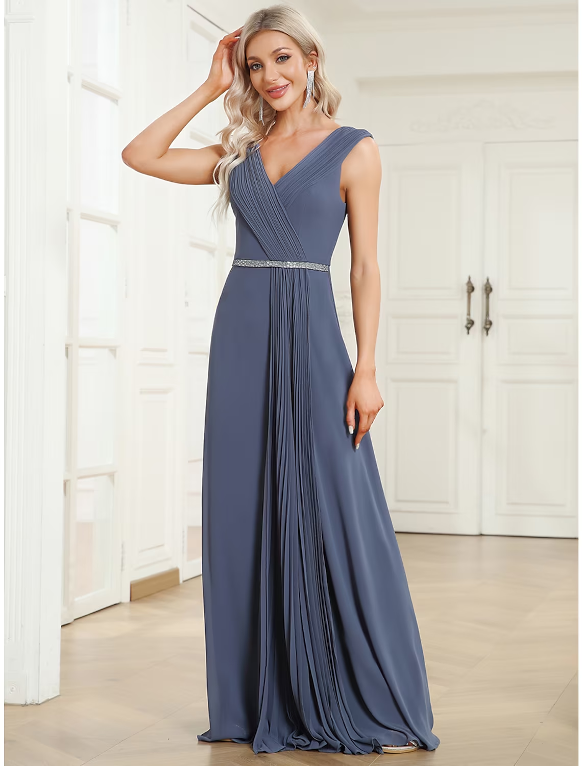 Luolandi A-Line Wedding Guest Dresses Minimalist Dress Formal Floor Length Sleeveless V Neck Chiffon with Pleats